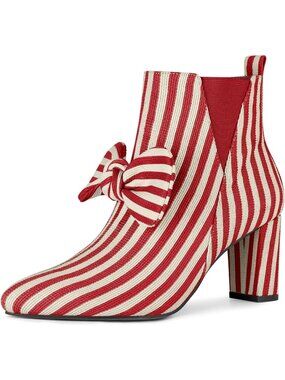Women's Red Comfortable Pointed Toe Zip Striped Chunky Heels Dess Ankle Boots